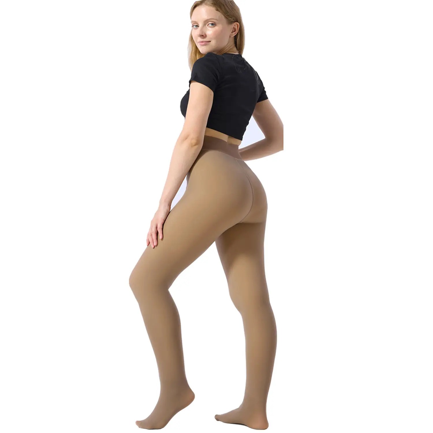 Women's Fake Sheer Thermal Tights, Fleece Lined High Stretch Warm Pantyhose, Minimalist Slim Thick Leggings for Winter Dress Daily Wear