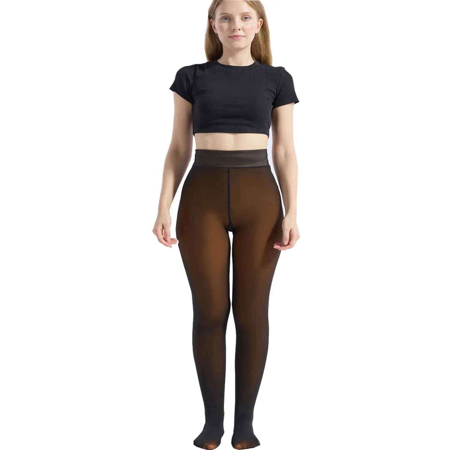 Women's Fake Sheer Thermal Tights, Fleece Lined High Stretch Warm Pantyhose, Minimalist Slim Thick Leggings for Winter Dress Daily Wear