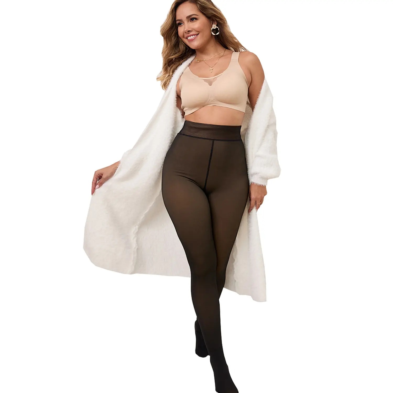 Women's Fake Sheer Thermal Tights, Fleece Lined High Stretch Warm Pantyhose, Minimalist Slim Thick Leggings for Winter Dress Daily Wear