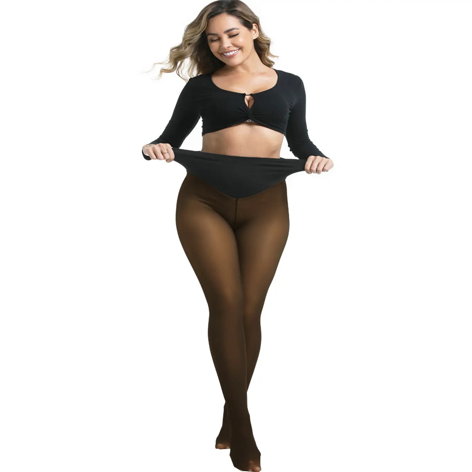 Women's Fake Sheer Thermal Tights, Fleece Lined High Stretch Warm Pantyhose, Minimalist Slim Thick Leggings for Winter Dress Daily Wear