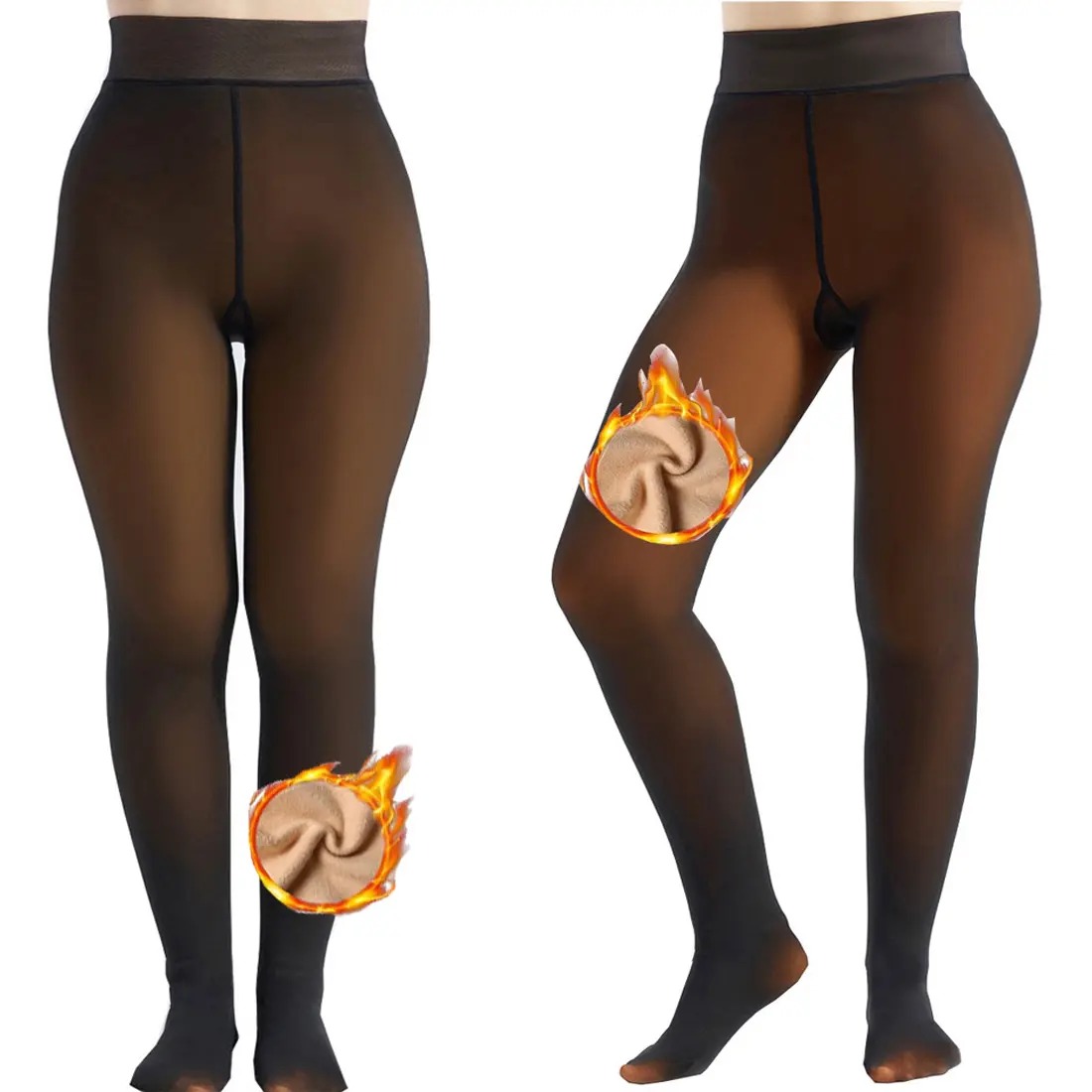 Women's Fake Sheer Thermal Tights, Fleece Lined High Stretch Warm Pantyhose, Minimalist Slim Thick Leggings for Winter Dress Daily Wear