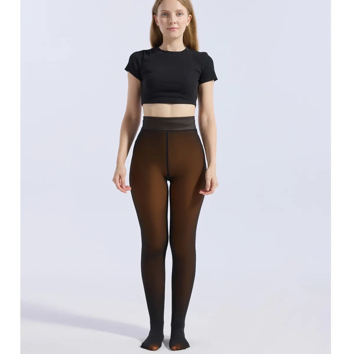 Women's Fake Sheer Thermal Tights, Fleece Lined High Stretch Warm Pantyhose, Minimalist Slim Thick Leggings for Winter Dress Daily Wear