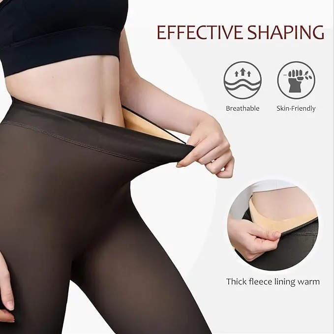 Women's Fake Sheer Thermal Tights, Fleece Lined High Stretch Warm Pantyhose, Minimalist Slim Thick Leggings for Winter Dress Daily Wear