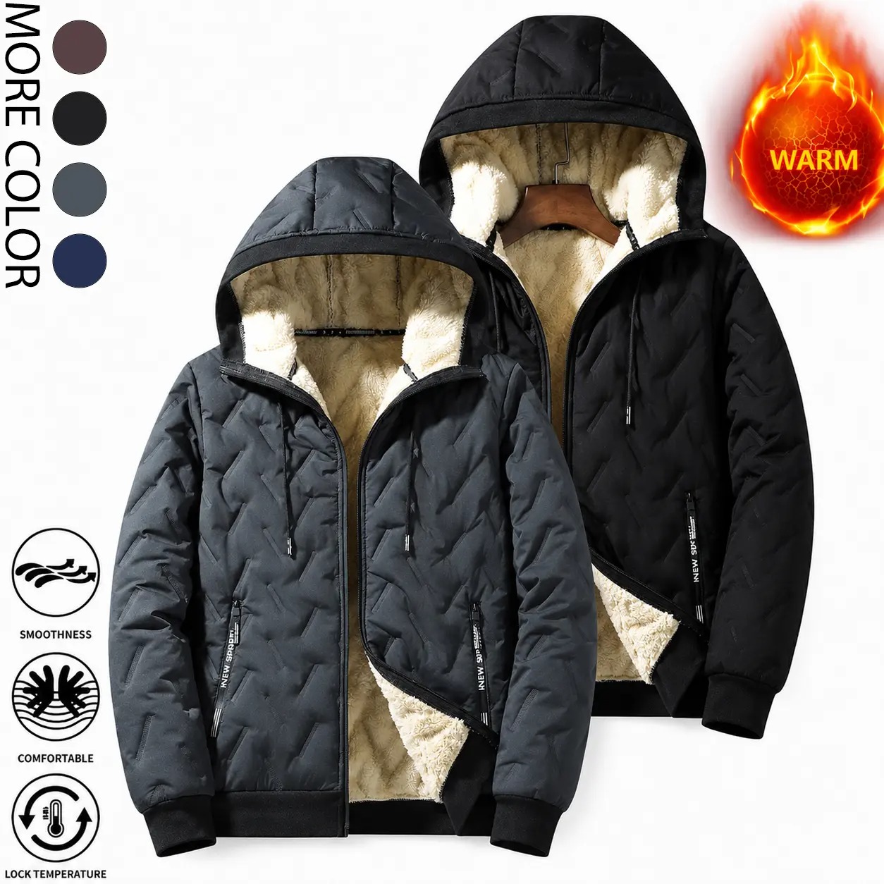 Men's Solid Baggy Fleece Lined Winter Jacket, Casual Hooded Windproof Full Zip Long Sleeve Outerwear for Outdoor Commute