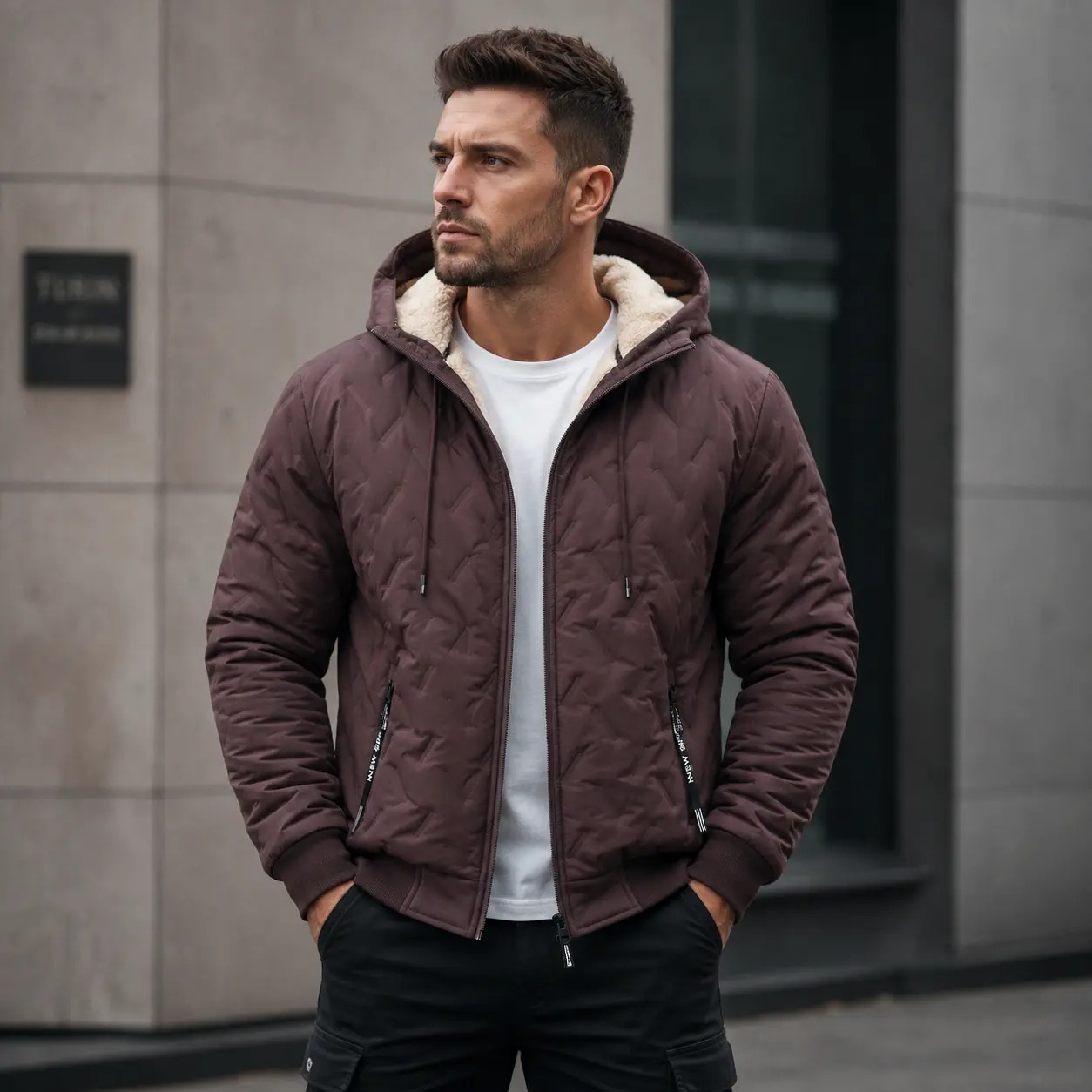 Men's Solid Baggy Fleece Lined Winter Jacket, Casual Hooded Windproof Full Zip Long Sleeve Outerwear for Outdoor Commute