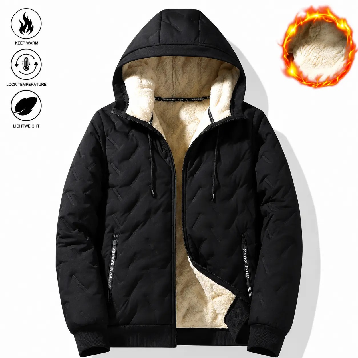 Men's Solid Baggy Fleece Lined Winter Jacket, Casual Hooded Windproof Full Zip Long Sleeve Outerwear for Outdoor Commute