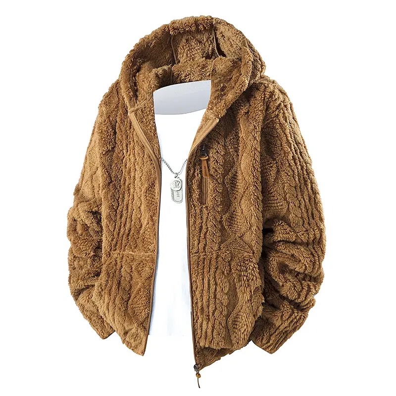 Men's Jacquard Thermal Fleece Zip-Up Hoodie, Loose Fit Warm Plush Texture Hooded Jacket with Kangaroo Pockets