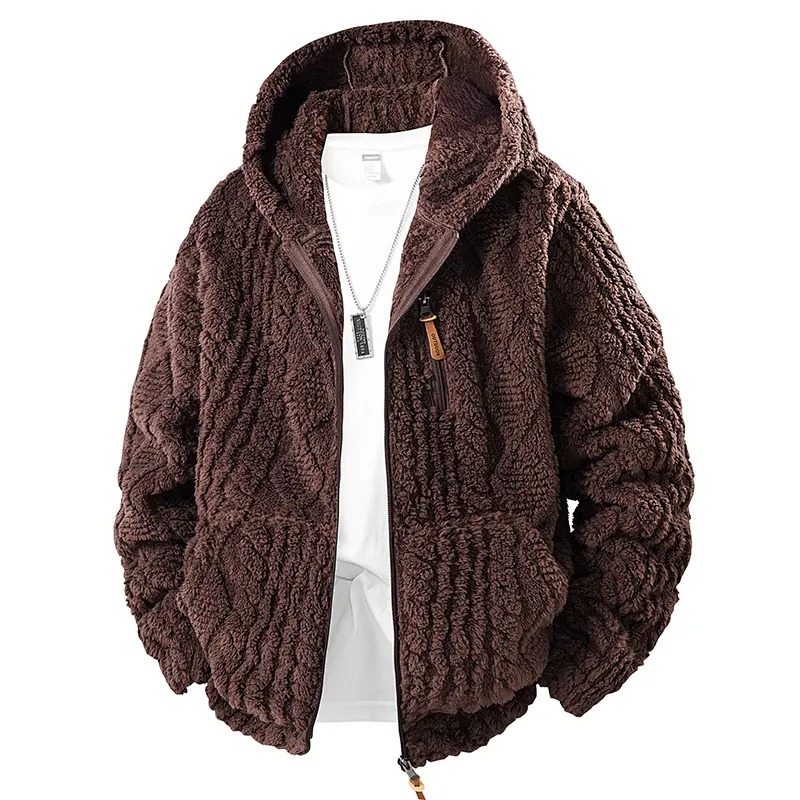 Men's Jacquard Thermal Fleece Zip-Up Hoodie, Loose Fit Warm Plush Texture Hooded Jacket with Kangaroo Pockets