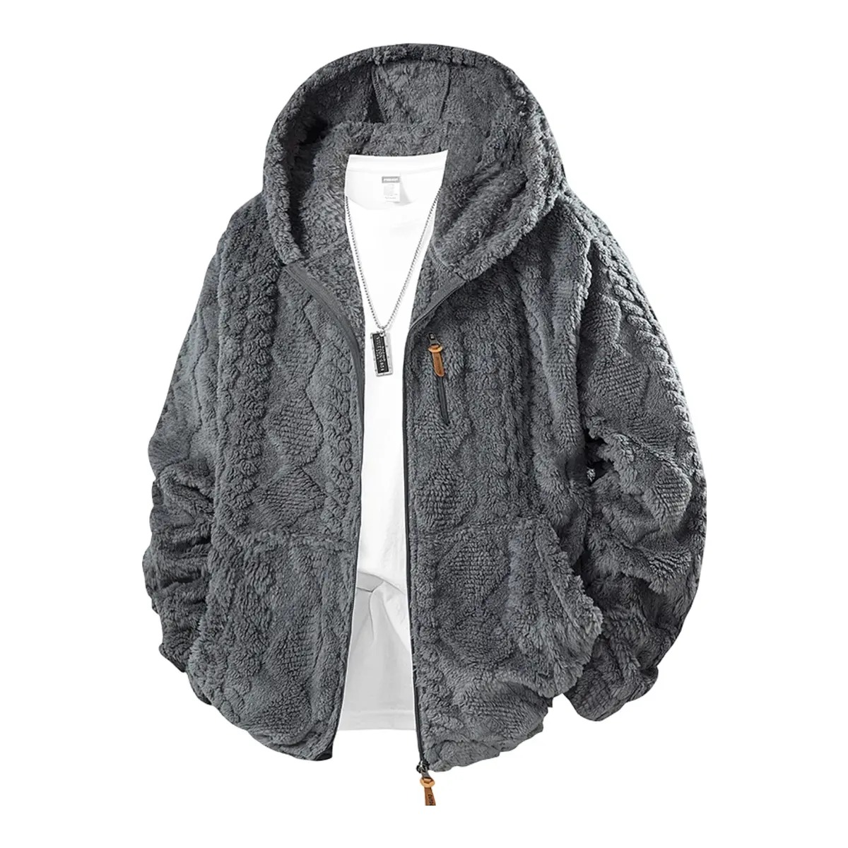 Men's Jacquard Thermal Fleece Zip-Up Hoodie, Loose Fit Warm Plush Texture Hooded Jacket with Kangaroo Pockets