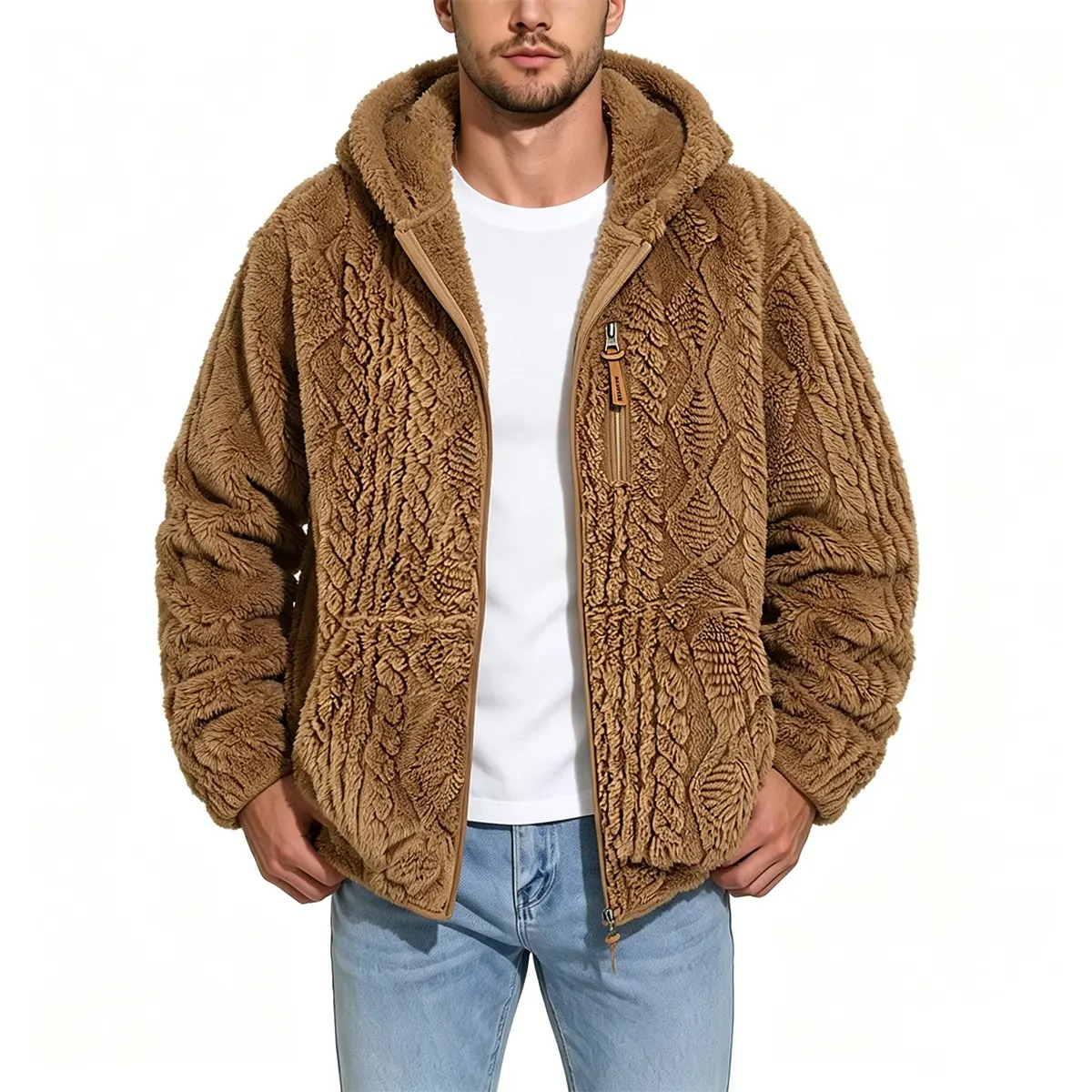 Men's Jacquard Thermal Fleece Zip-Up Hoodie, Loose Fit Warm Plush Texture Hooded Jacket with Kangaroo Pockets