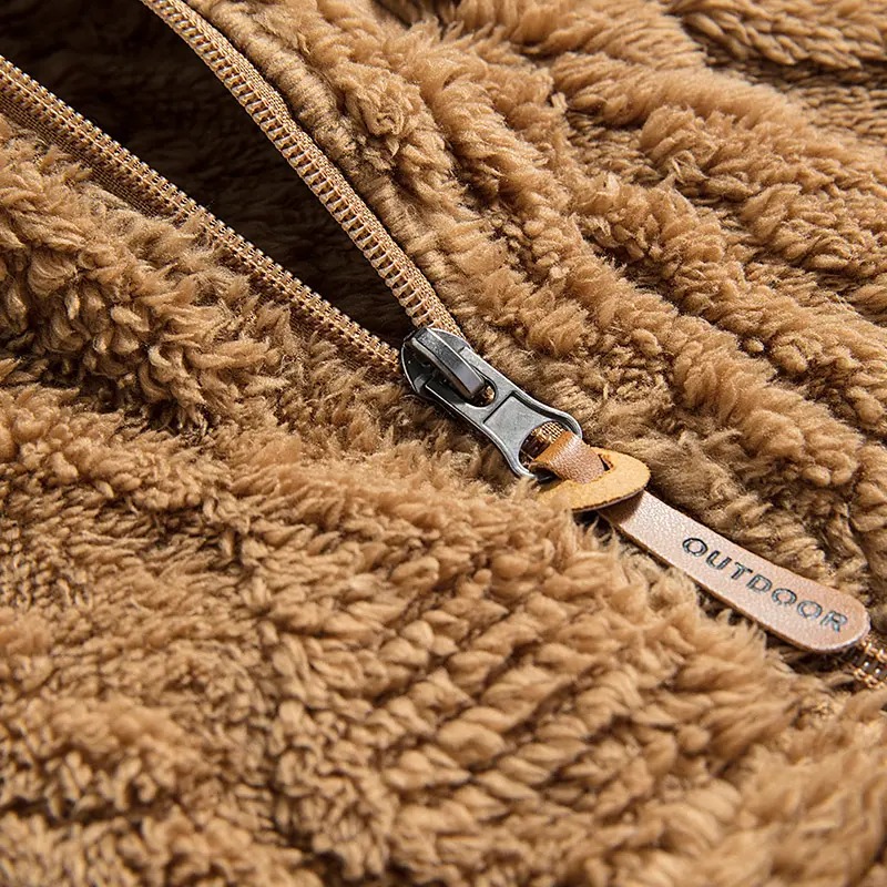 Men's Jacquard Thermal Fleece Zip-Up Hoodie, Loose Fit Warm Plush Texture Hooded Jacket with Kangaroo Pockets