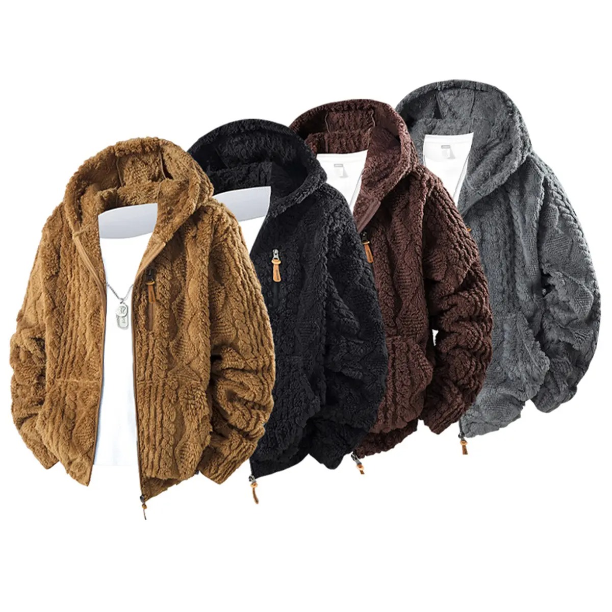 Men's Jacquard Thermal Fleece Zip-Up Hoodie, Loose Fit Warm Plush Texture Hooded Jacket with Kangaroo Pockets