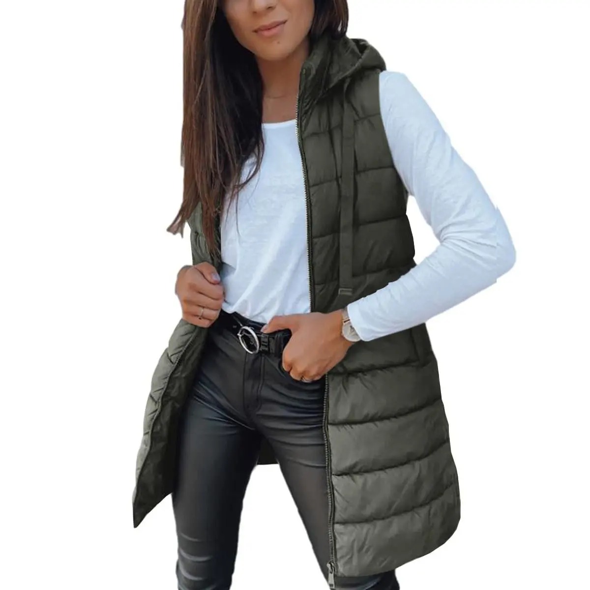 Women's Solid Long Hooded Puffer Vest, Sleeveless Winter Padded Outerwear Casual Warm Sleeveless Hood Vest