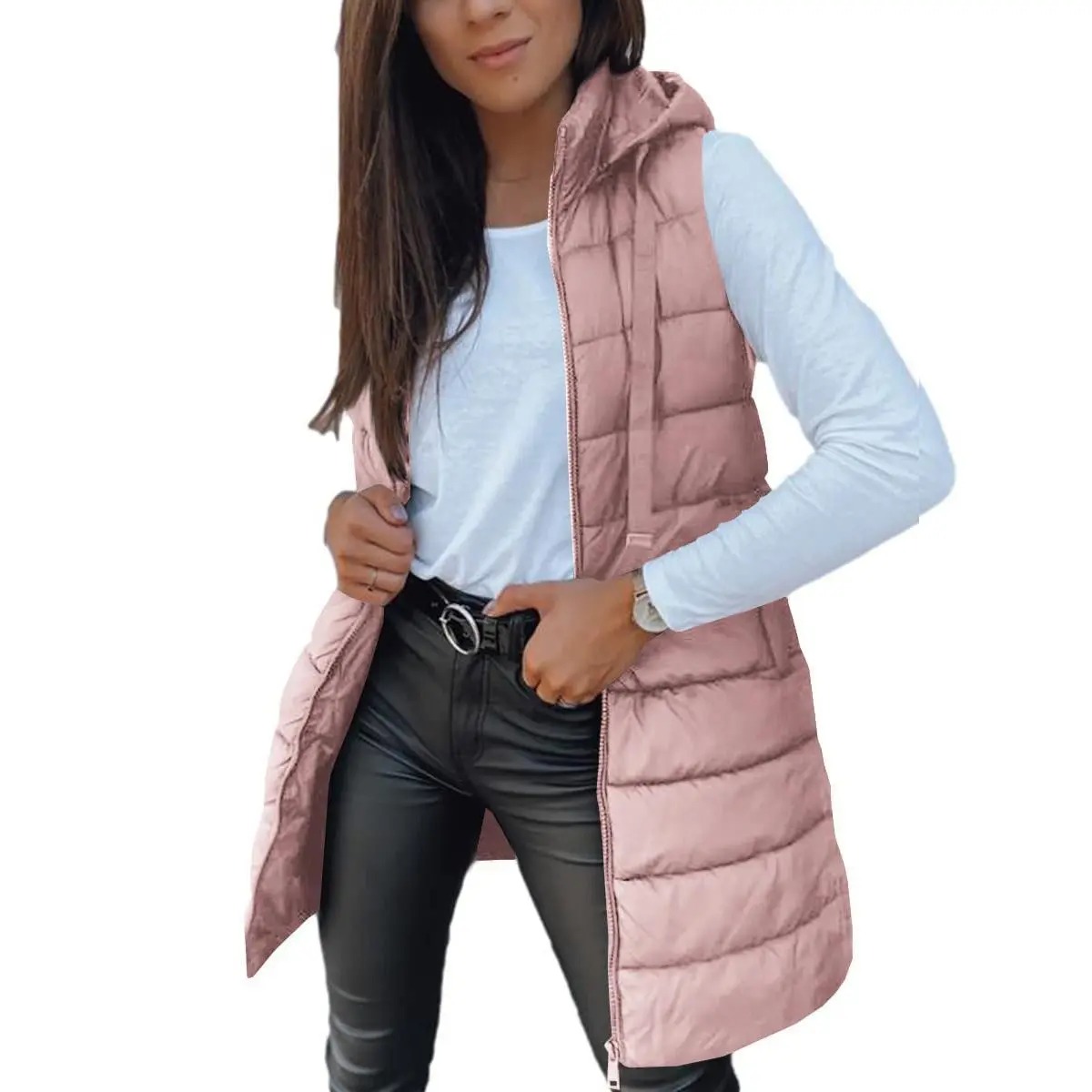 Women's Solid Long Hooded Puffer Vest, Sleeveless Winter Padded Outerwear Casual Warm Sleeveless Hood Vest
