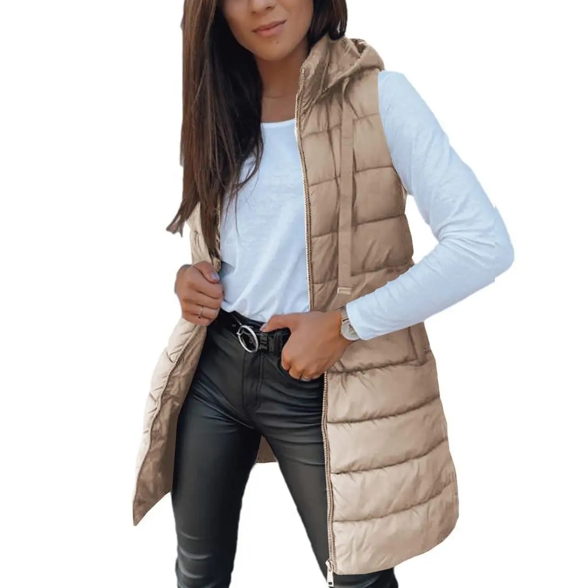 Women's Solid Long Hooded Puffer Vest, Sleeveless Winter Padded Outerwear Casual Warm Sleeveless Hood Vest