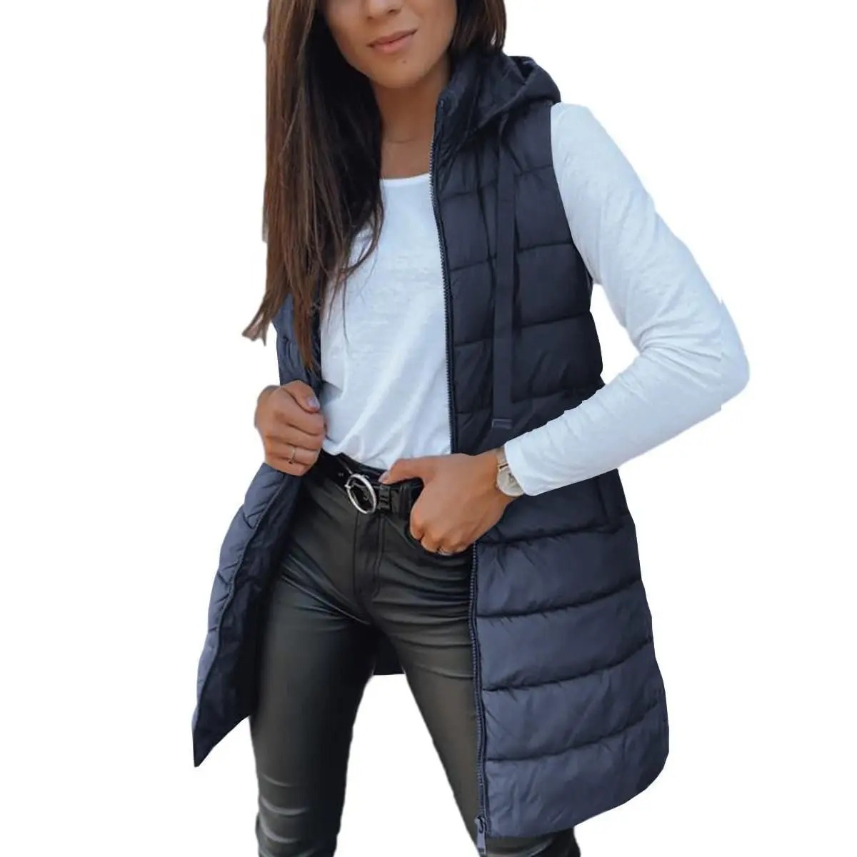 Women's Solid Long Hooded Puffer Vest, Sleeveless Winter Padded Outerwear Casual Warm Sleeveless Hood Vest