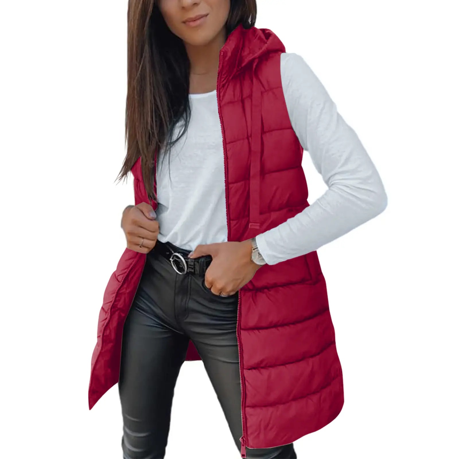 Women's Solid Long Hooded Puffer Vest, Sleeveless Winter Padded Outerwear Casual Warm Sleeveless Hood Vest
