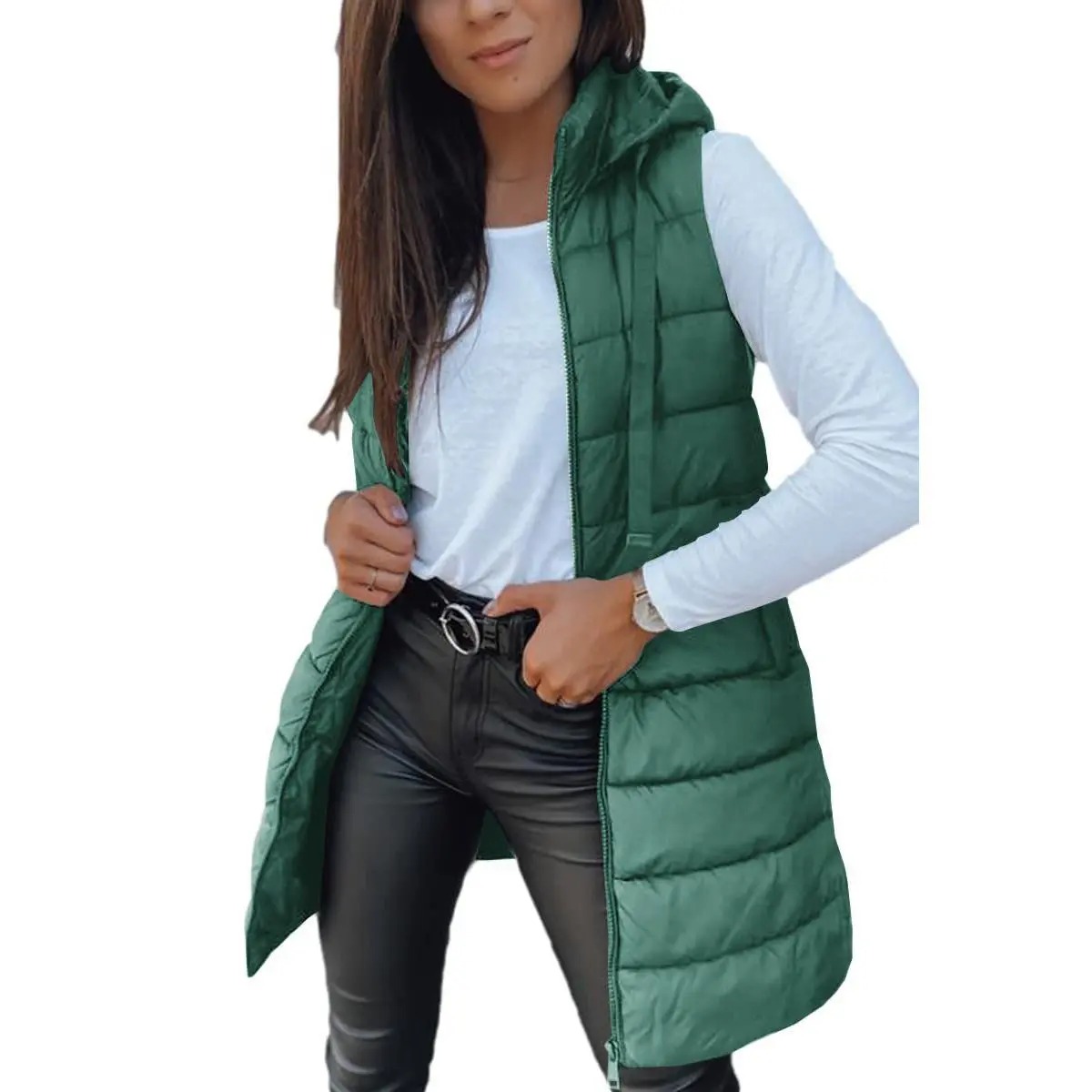 Women's Solid Long Hooded Puffer Vest, Sleeveless Winter Padded Outerwear Casual Warm Sleeveless Hood Vest