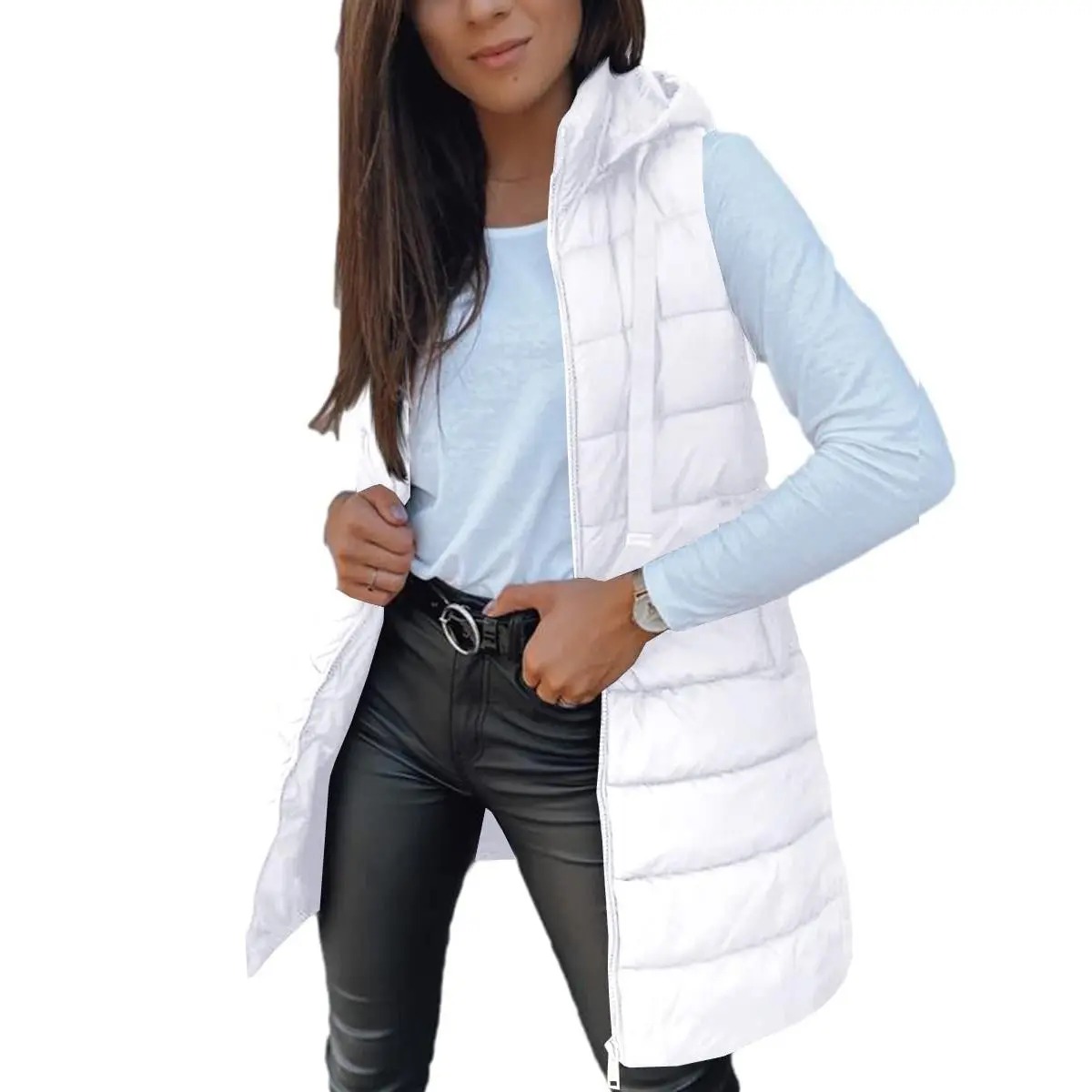Women's Solid Long Hooded Puffer Vest, Sleeveless Winter Padded Outerwear Casual Warm Sleeveless Hood Vest