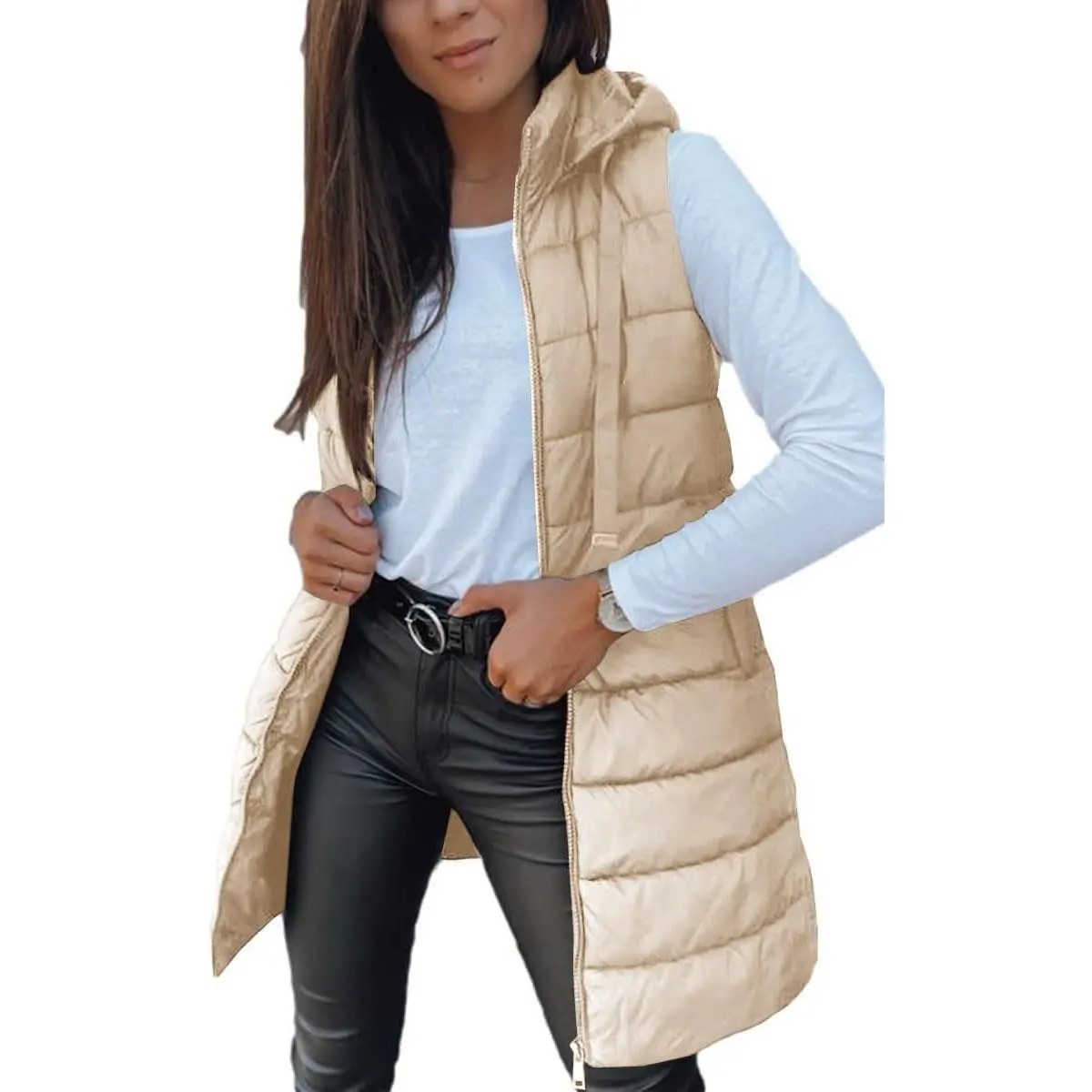 Women's Solid Long Hooded Puffer Vest, Sleeveless Winter Padded Outerwear Casual Warm Sleeveless Hood Vest
