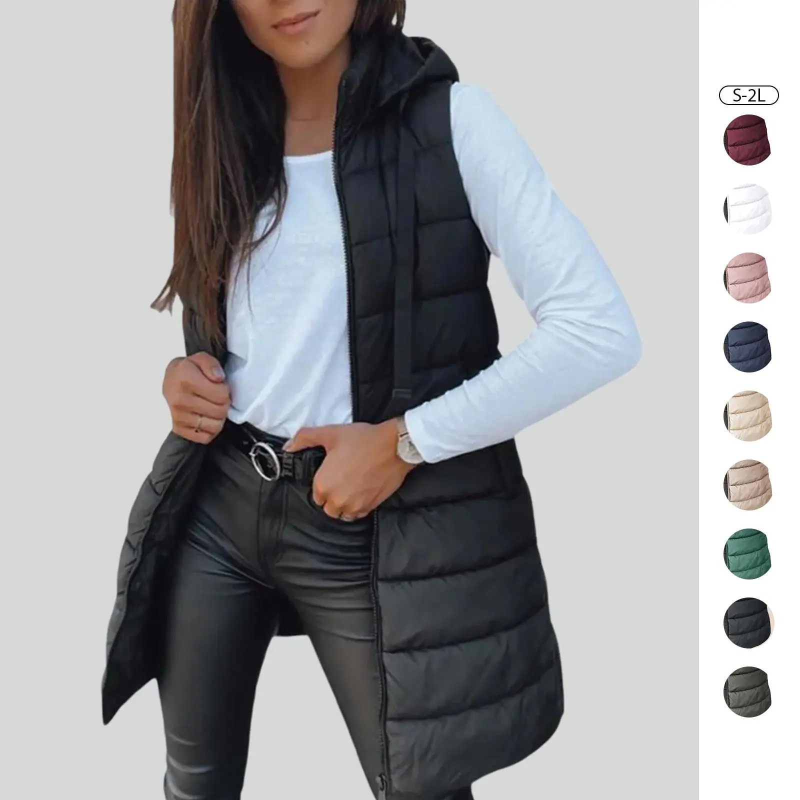 Women's Solid Long Hooded Puffer Vest, Sleeveless Winter Padded Outerwear Casual Warm Sleeveless Hood Vest