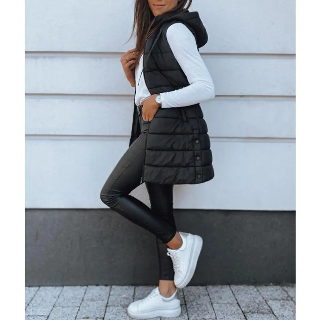 Women's Solid Long Hooded Puffer Vest, Sleeveless Winter Padded Outerwear Casual Warm Sleeveless Hood Vest