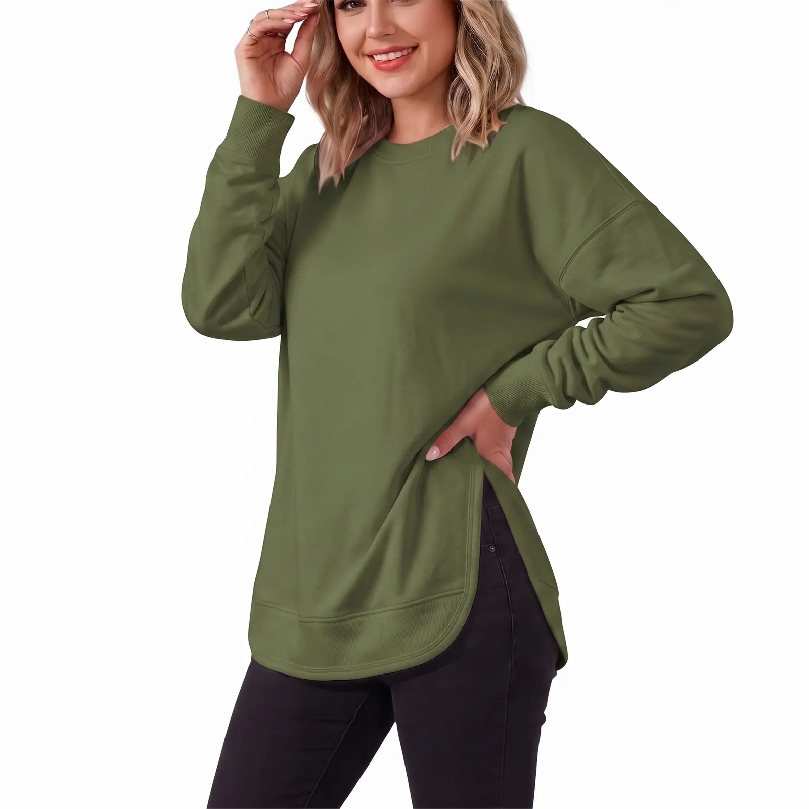 Women's Oversized Curved Hem Sweatshirt, Long Sleeve Round Neck Side Slit Casual Aesthetic Tunic Top 