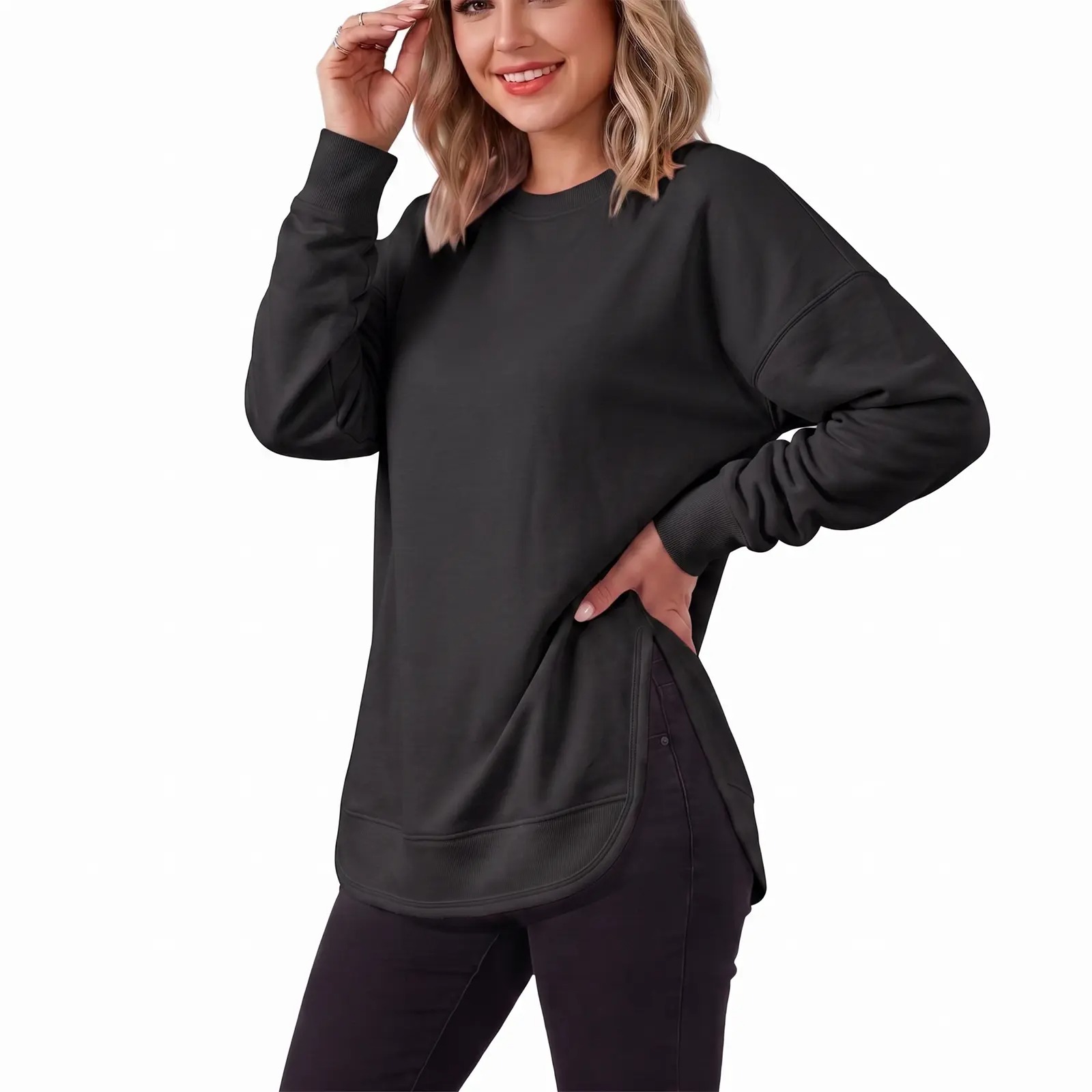 Women's Oversized Curved Hem Sweatshirt, Long Sleeve Round Neck Side Slit Casual Aesthetic Tunic Top 