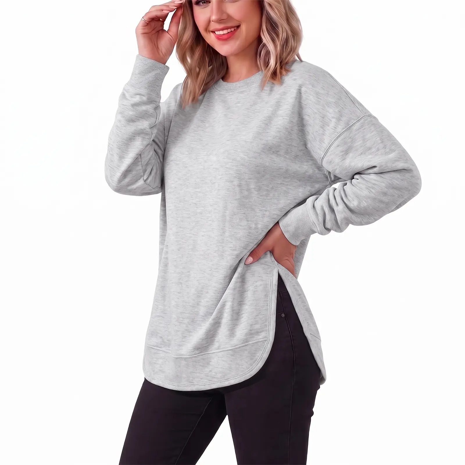 Women's Oversized Curved Hem Sweatshirt, Long Sleeve Round Neck Side Slit Casual Aesthetic Tunic Top 