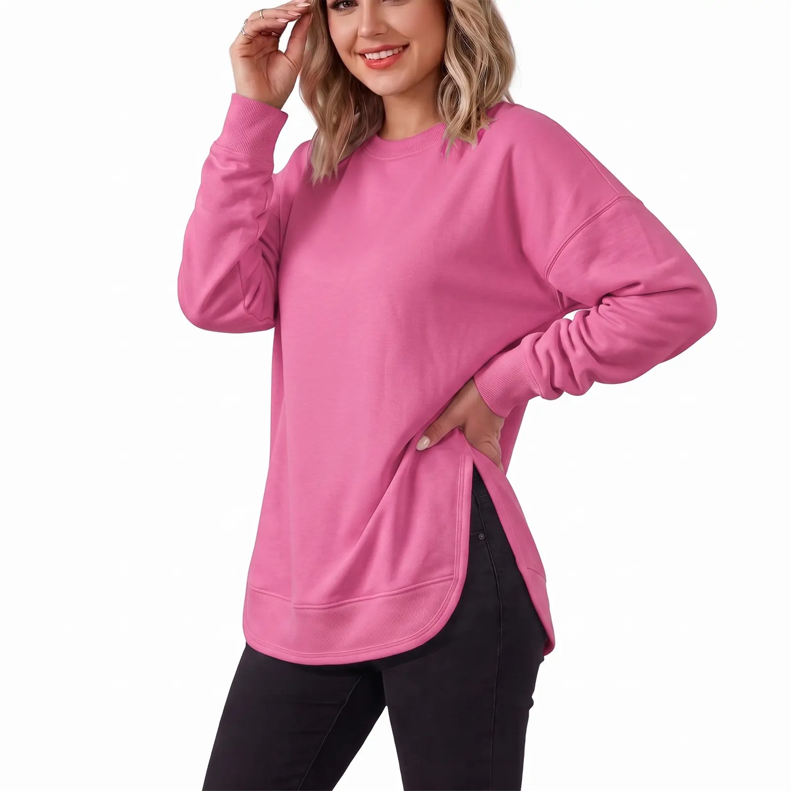 Women's Oversized Curved Hem Sweatshirt, Long Sleeve Round Neck Side Slit Casual Aesthetic Tunic Top 