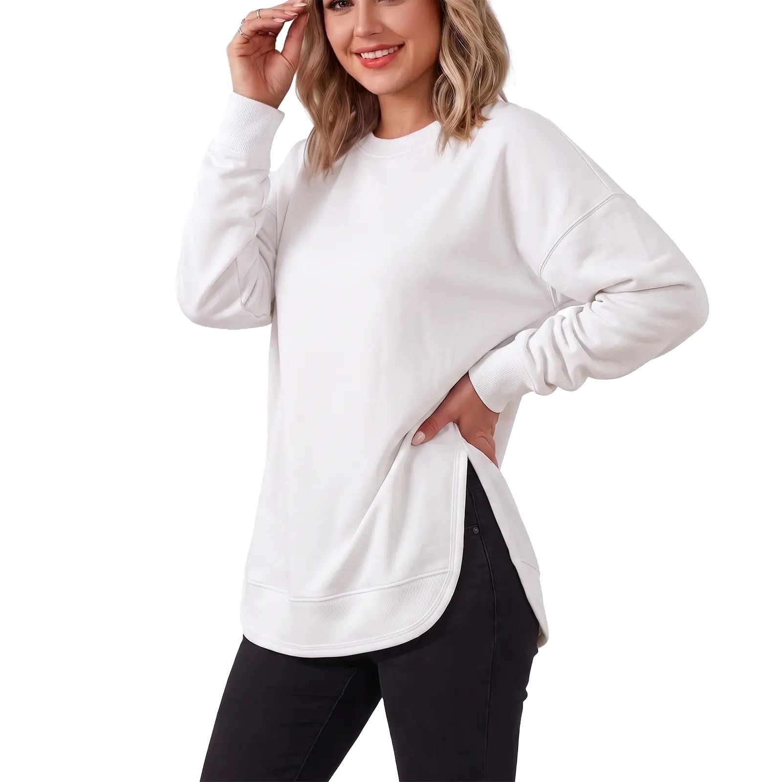 Women's Oversized Curved Hem Sweatshirt, Long Sleeve Round Neck Side Slit Casual Aesthetic Tunic Top 