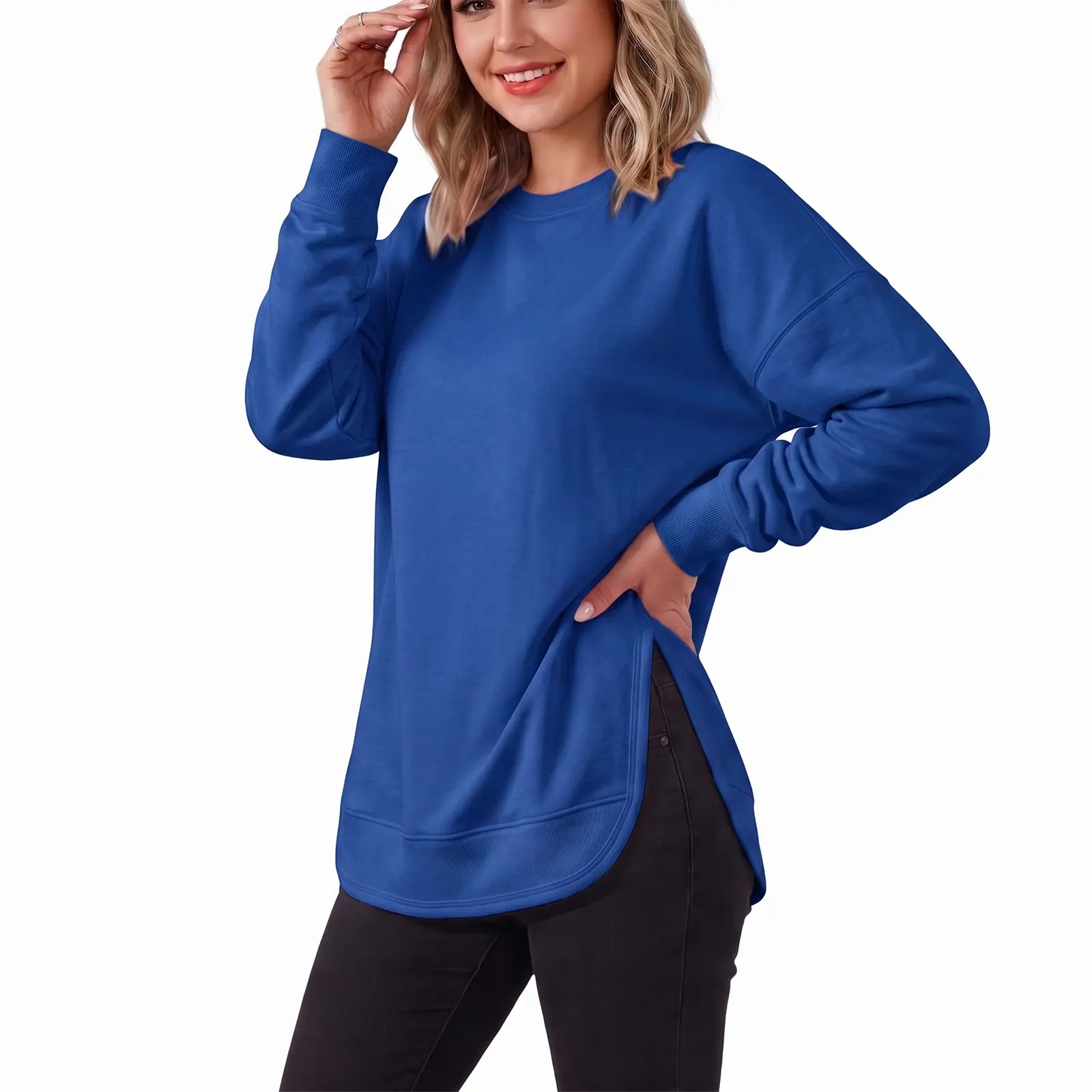Women's Oversized Curved Hem Sweatshirt, Long Sleeve Round Neck Side Slit Casual Aesthetic Tunic Top 
