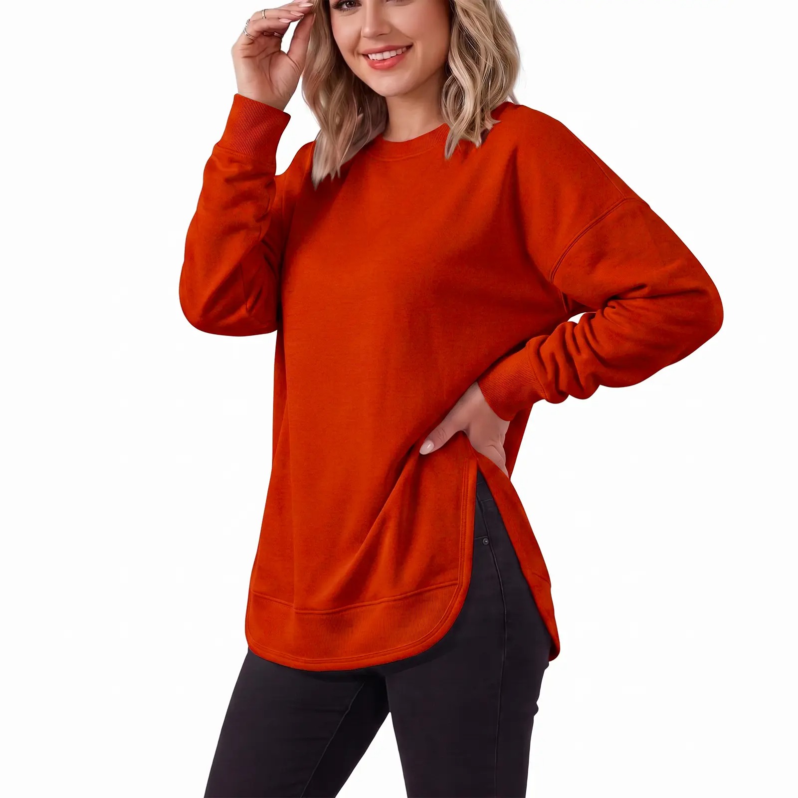 Women's Oversized Curved Hem Sweatshirt, Long Sleeve Round Neck Side Slit Casual Aesthetic Tunic Top 