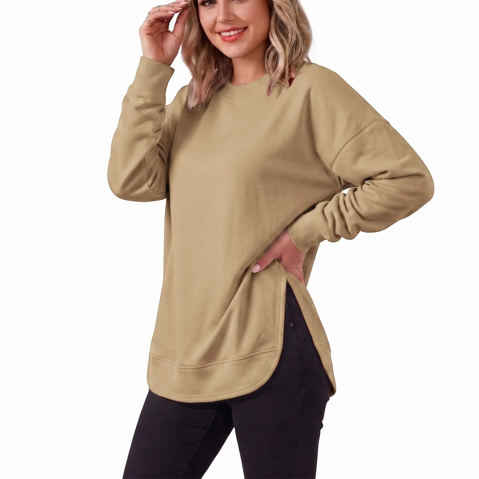 Women's Oversized Curved Hem Sweatshirt, Long Sleeve Round Neck Side Slit Casual Aesthetic Tunic Top 
