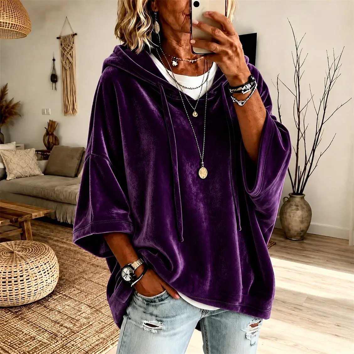 Women's Minimalist Velour 3/4 Sleeve Hoodie, Loose Oversized Adjustable Hood Pullove