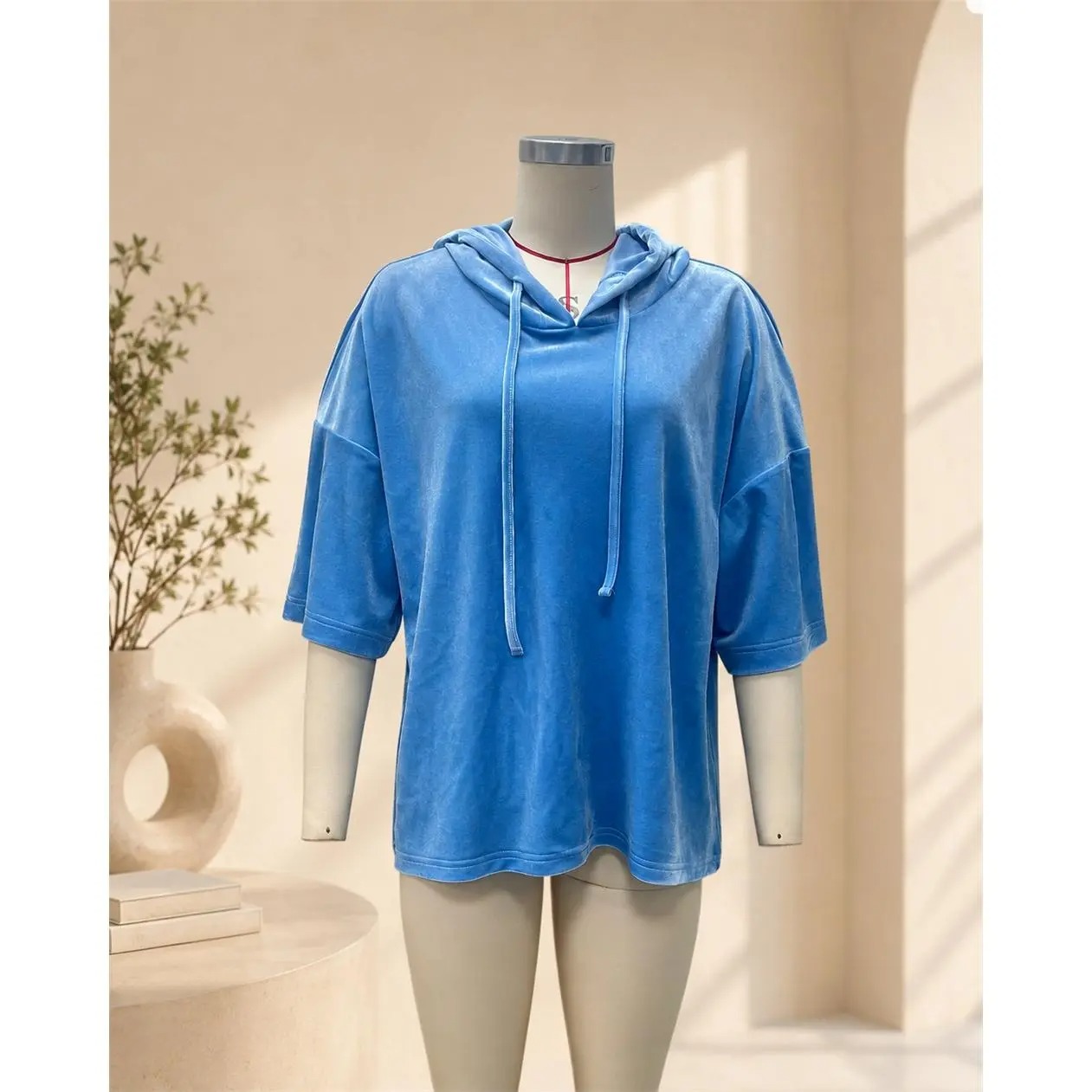 Women's Minimalist Velour 3/4 Sleeve Hoodie, Loose Oversized Adjustable Hood Pullove
