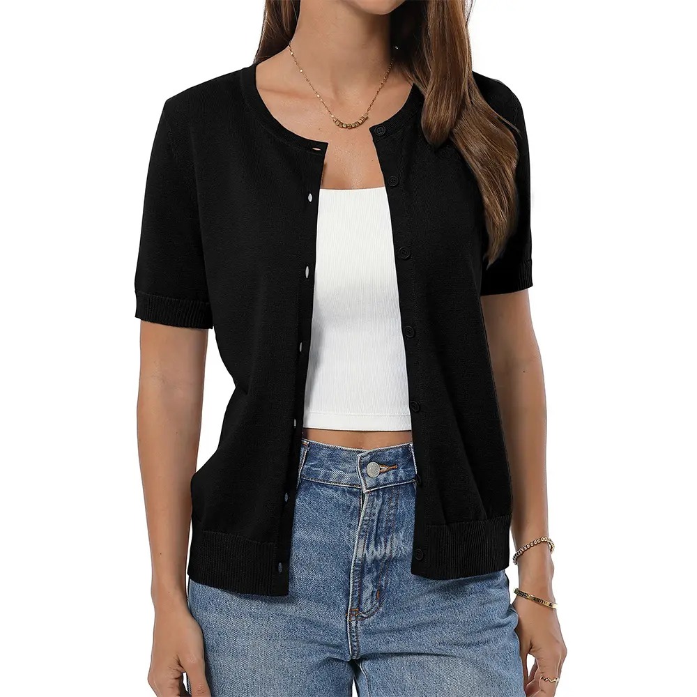 Women's 100% Cotton Cropped Button Down Cardigan Lightweight Short Sleeve Knit Sweater