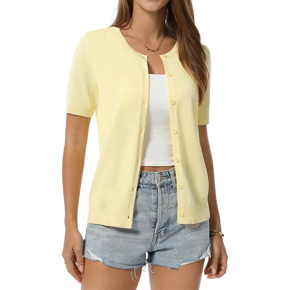 Women's 100% Cotton Cropped Button Down Cardigan Lightweight Short Sleeve Knit Sweater
