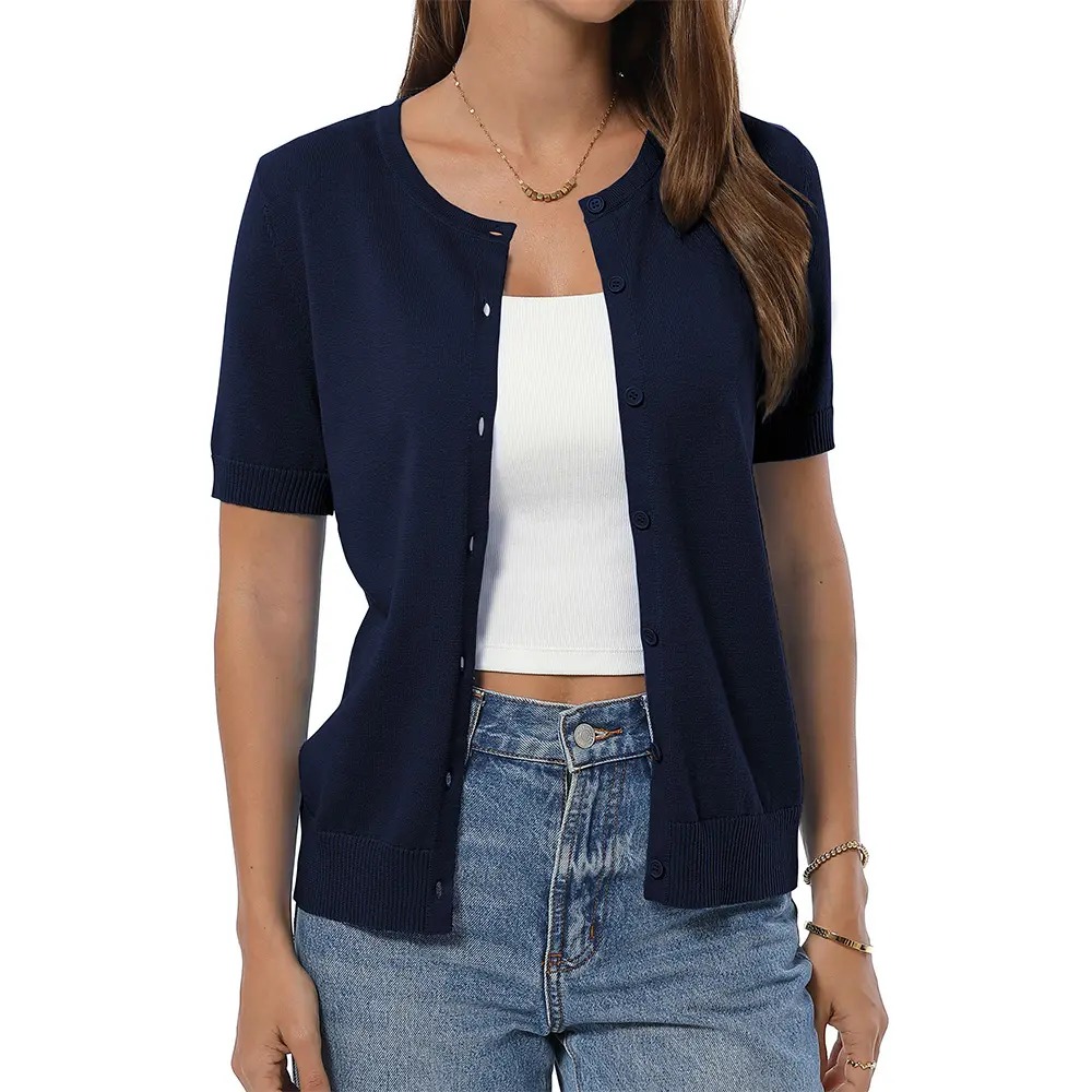 Women's 100% Cotton Cropped Button Down Cardigan Lightweight Short Sleeve Knit Sweater