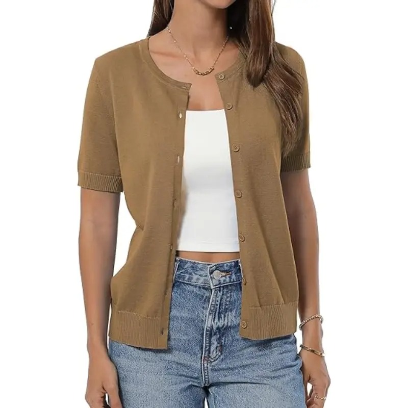 Women's 100% Cotton Cropped Button Down Cardigan Lightweight Short Sleeve Knit Sweater