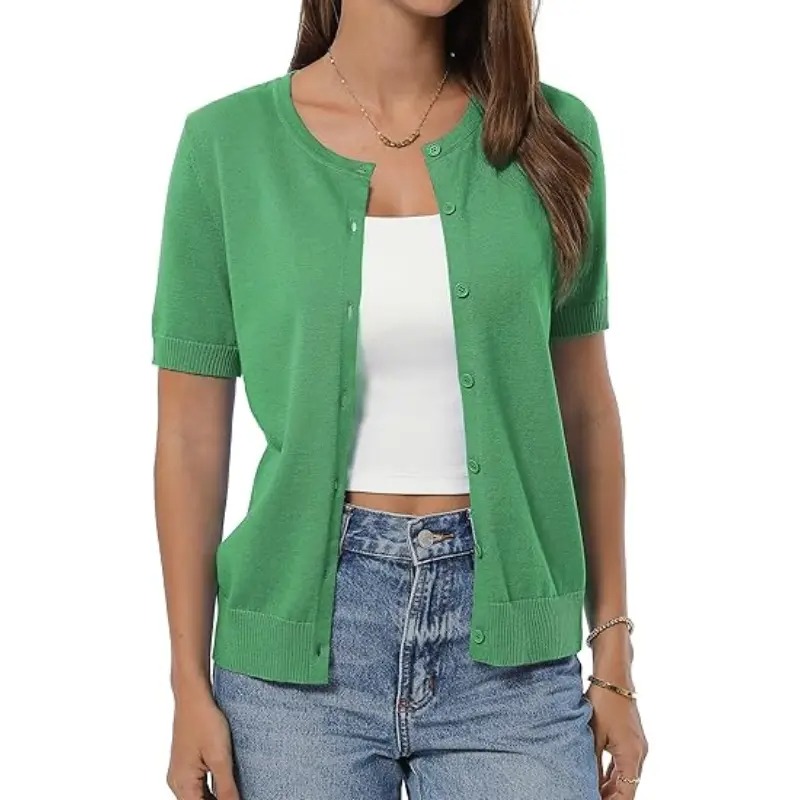 Women's 100% Cotton Cropped Button Down Cardigan Lightweight Short Sleeve Knit Sweater