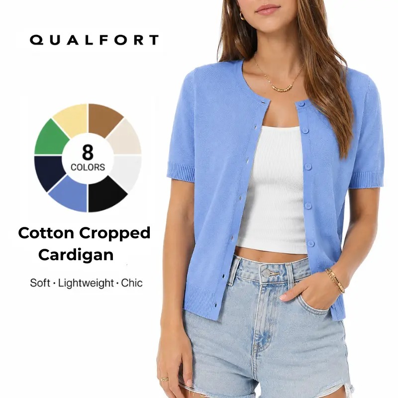 Women's 100% Cotton Cropped Button Down Cardigan Lightweight Short Sleeve Knit Sweater