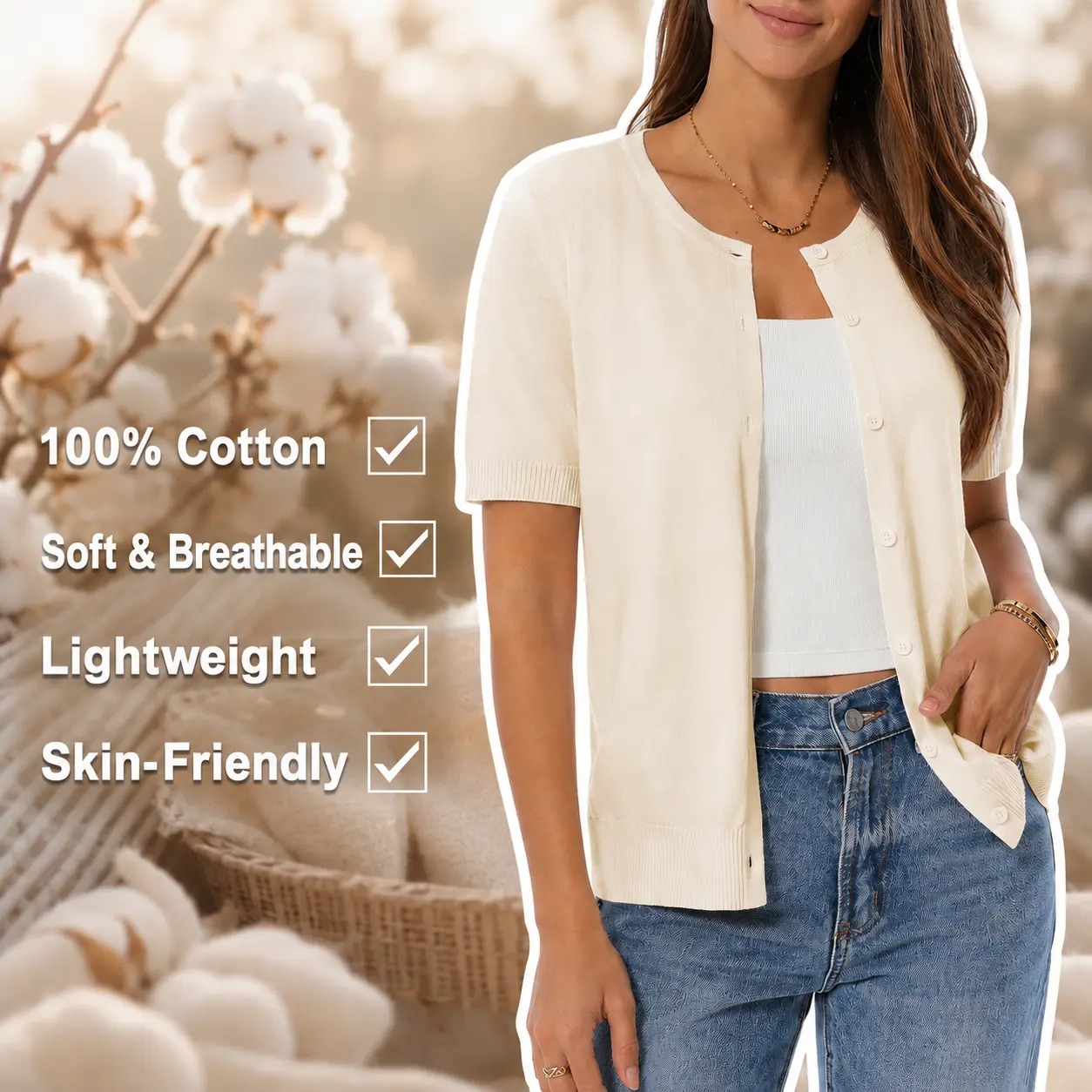 Women's 100% Cotton Cropped Button Down Cardigan Lightweight Short Sleeve Knit Sweater