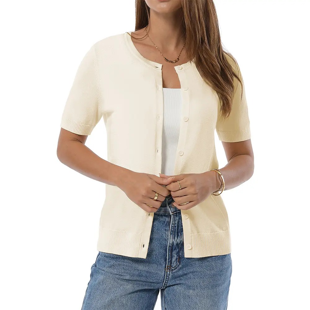 Women's 100% Cotton Cropped Button Down Cardigan Lightweight Short Sleeve Knit Sweater
