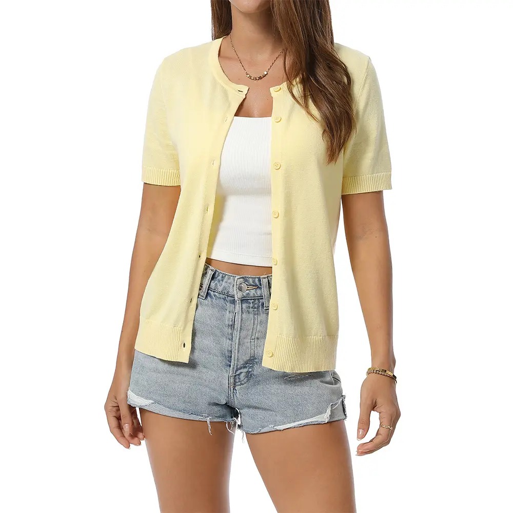 Women's 100% Cotton Cropped Button Down Cardigan Lightweight Short Sleeve Knit Sweater