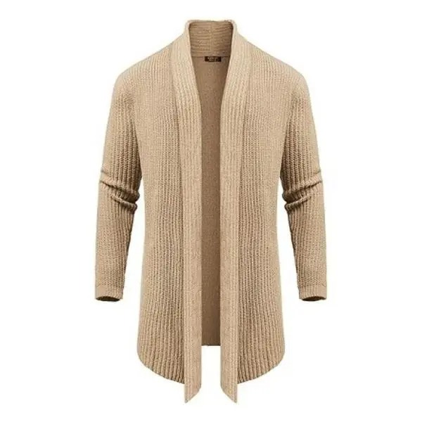 Men's Shawl Collar Knit Cardigan, Slim Fit Ruffle Detail Long Sleeve Solid Knit Sweater with Hanging Pockets