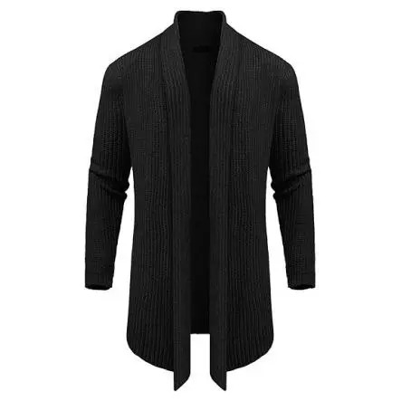 Men's Shawl Collar Knit Cardigan, Slim Fit Ruffle Detail Long Sleeve Solid Knit Sweater with Hanging Pockets