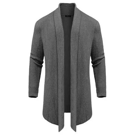 Men's Shawl Collar Knit Cardigan, Slim Fit Ruffle Detail Long Sleeve Solid Knit Sweater with Hanging Pockets