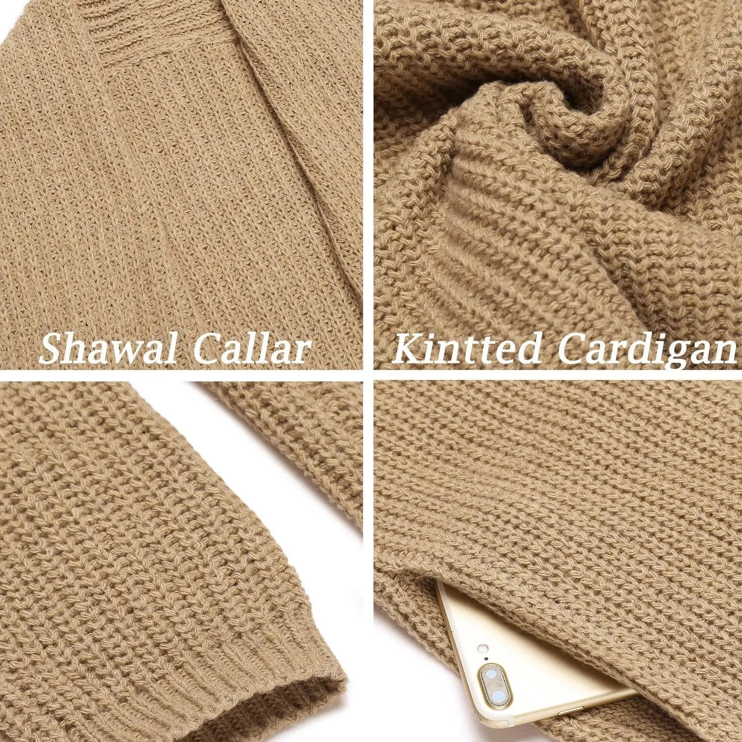 Men's Shawl Collar Knit Cardigan, Slim Fit Ruffle Detail Long Sleeve Solid Knit Sweater with Hanging Pockets