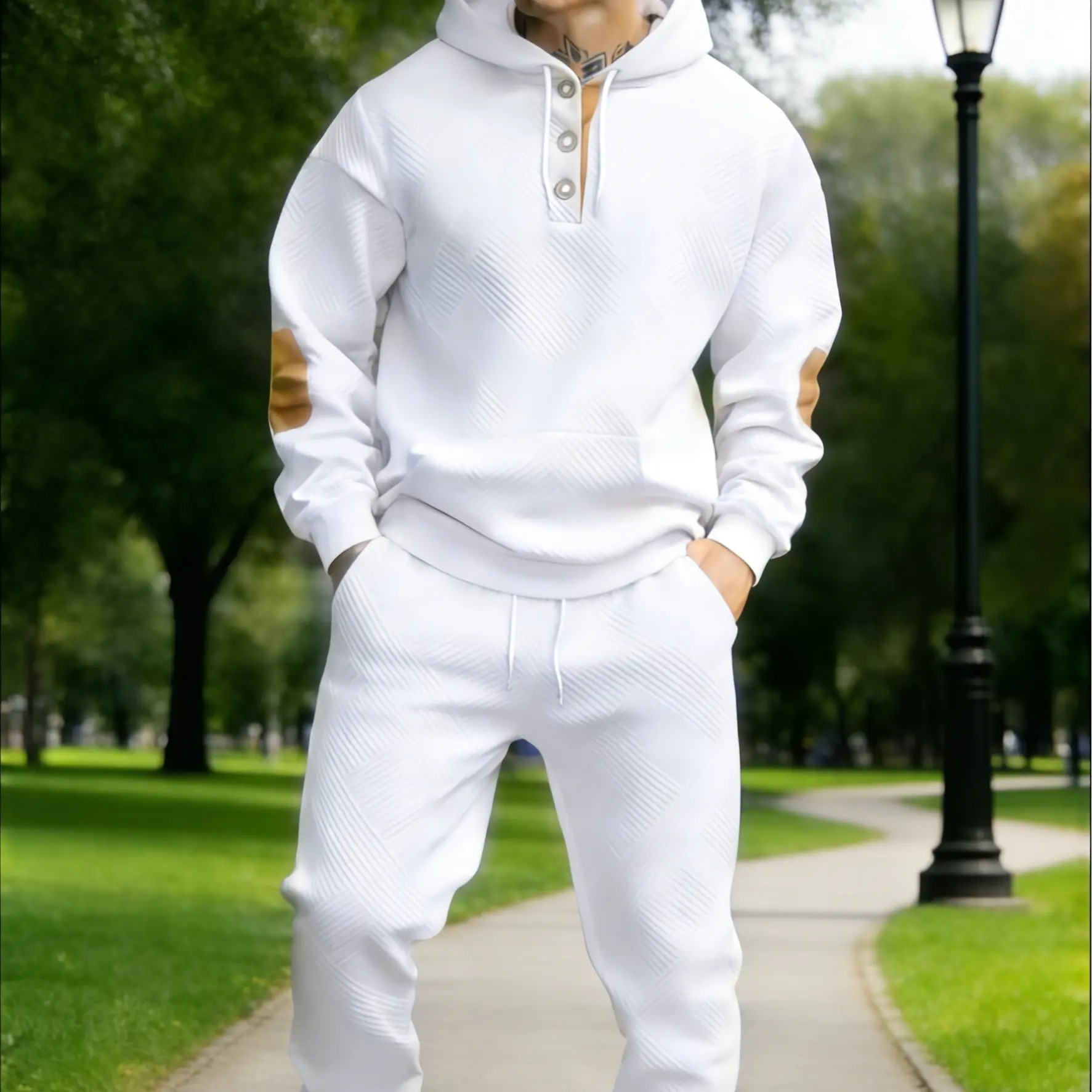 Men's 2‑Piece Textured Hoodie Tracksuit, Geometric Pattern Hooded Sweatshirt with Contrast Elbow Patches & Matching Sweatpants